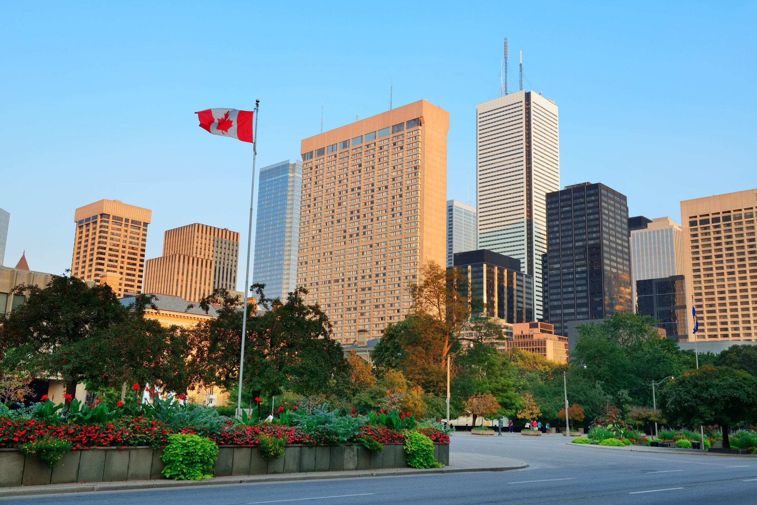 Toronto street view at dusk with urban buildings